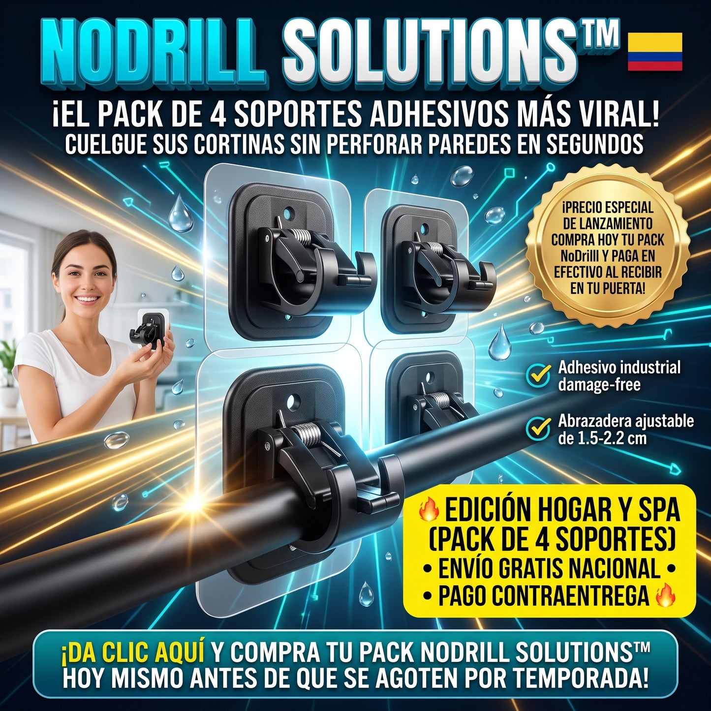 NoDrill Solutions™ Soportes Adhesivos Transparentes para Cortinas (Pack de 4)